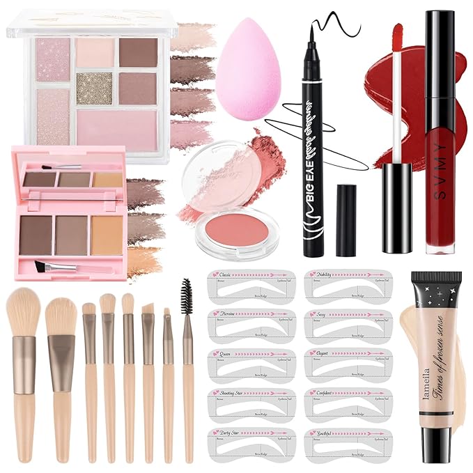Makeup Kit for Teens Girls, Makeup Present Set for Women, Makeup Full Kit for Beginners, Mini Makeup Bundle Include 7 Pink colors Matte & Shimmer Pigmented Eyeshadow Palette, Eyebrow Powder-BrightBean Baby
