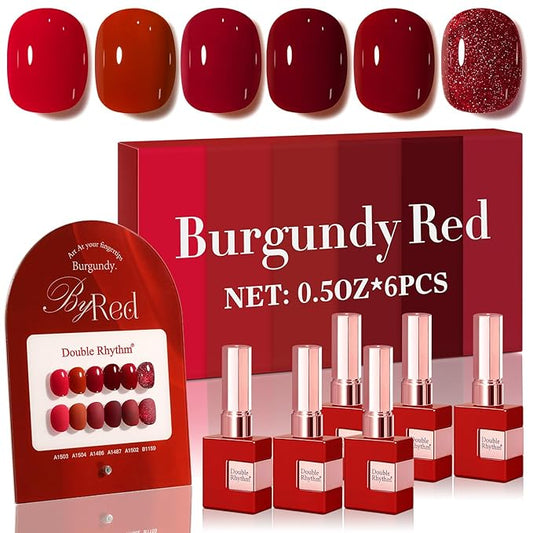 Double Rhythm 6 Pcs 15 ML Gel Polish Set Same Color Same Bottle Soak Off Gel Polish Kit Nail Art Manicure Salon DIY at Home for Women (Glitter Burgundy Dark Cherry Red Maroon-T6-7)-BrightBean Baby