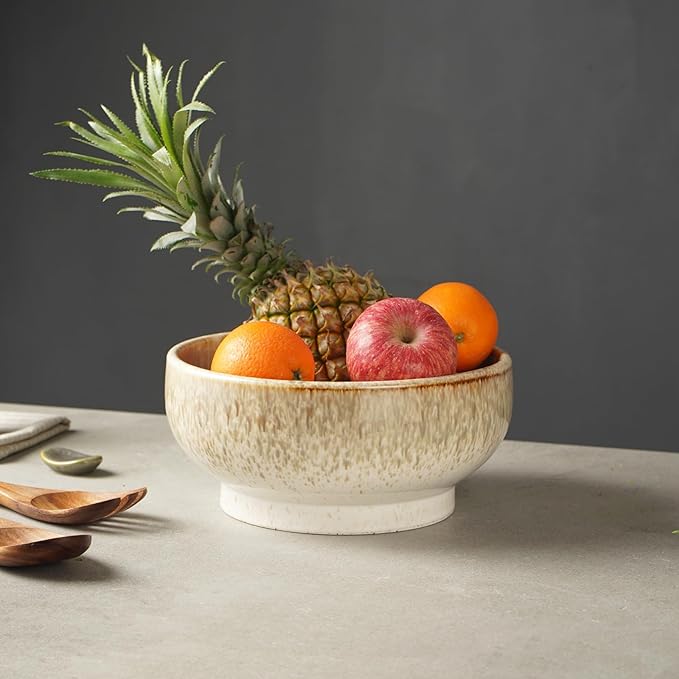 Extra Large Salad Bowl,Decorative Fruit Bowl,Kitchen Ceramic Bowl for Fruit & Salad,120 oz Footed Serving Bowl for Entertaining (tan color)