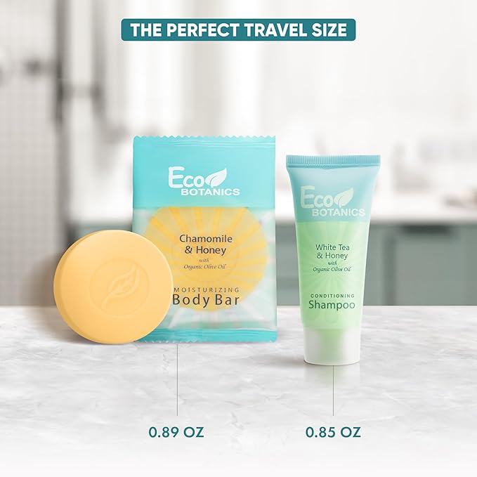 Eco Botanics Hotel Soaps and Toiletries Bulk Set | 1-Shoppe All-In-Kit Amenities for Hotels & Airbnb | 0.85 Conditioning Shampoo & oz Bar Soap Travel Size | 100 pieces-BrightBean Baby