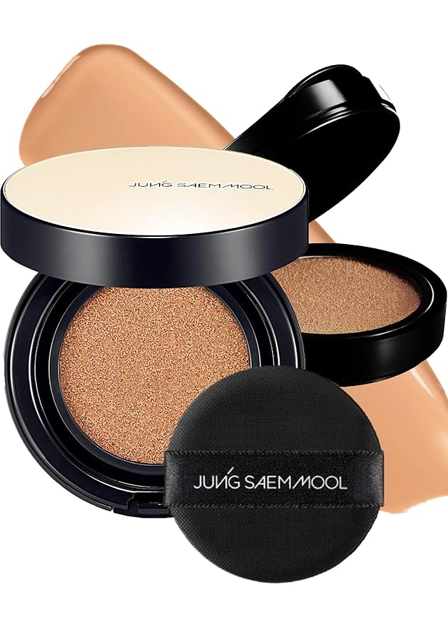 JUNG SAEM MOOL Essential Skin Nuder Longwear Cushion 0.98 Fl Oz (Medium Deep), Refill Included, 24H lasting Cushion Foundation with High Coverage, Semi-Matte Natural Finish, Korean Foundation Makeup-BrightBean Baby