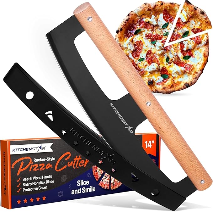 KitchenStar 14-Inch Pizza Cutter Rocker Blade - Razor Sharp Stainless Steel Slicer Knife, Stylish Beech Wood Handle, Protective Cover - Professional Pizza Oven Accessories, Black