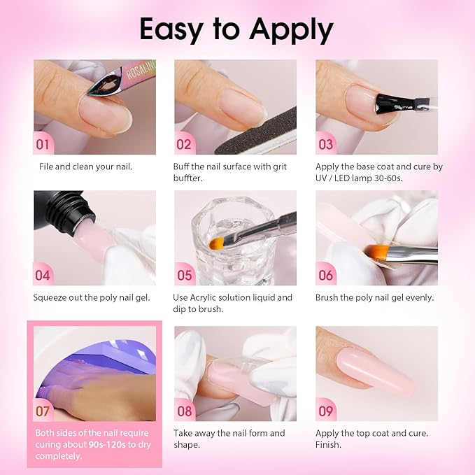 ROSALIND Poly Nail Gel Kit -12 Colors + Nail Art Accessories kit Clear Nude Poly Nails Gel Kit Starter Kit With Slip Solution Pro Nude Pink Nail Extensions Gel Set with Mini UV Lamp-BrightBean Baby