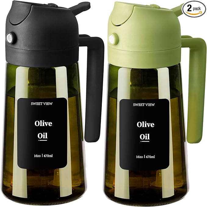 2PCS Olive Oil Dispenser and Oil Sprayer – 16oz/470ml Glass Light-Proof Oil Pourer for Kitchen, Air Fryer, Cooking, Salad, and BBQ