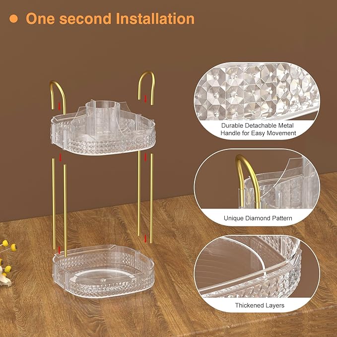 Awenia Rotating Makeup Organizer 360, Stackable Adjustable Large Capacity Cosmetic Storage Unit,Dresser Bathroom Kitchen Countertop Organizer with Metal Handle, Plus Size (Clear, 2 Tier)-BrightBean Baby