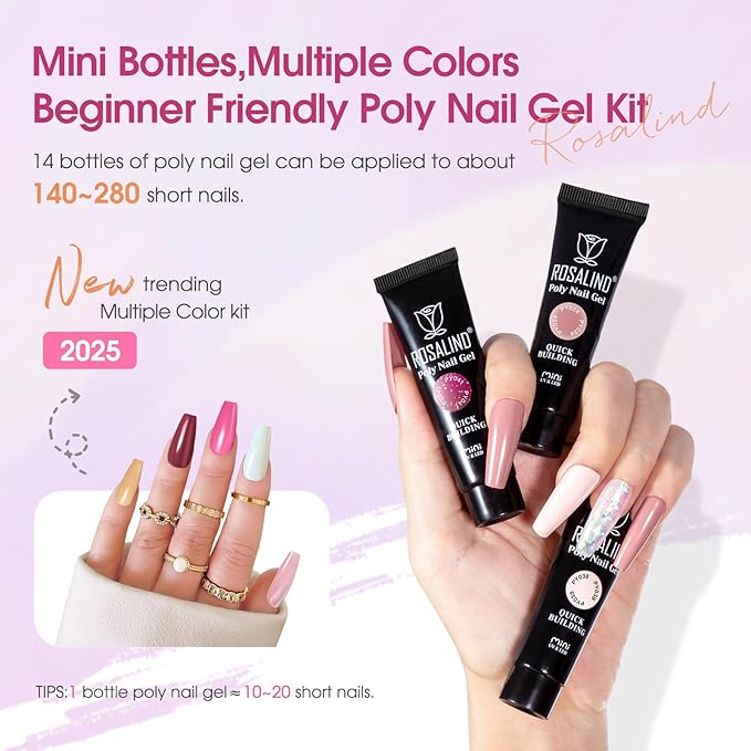 ROSALIND Poly Nail Gel Colors Kit -14 Colors +72 Nail Art Accessories kit Glitter Poly Nails Gel Kit Starter Kit with Mini UV Lamp Slip Solution Nude Pink Poly Nail Art for Beginners with Everything-BrightBean Baby