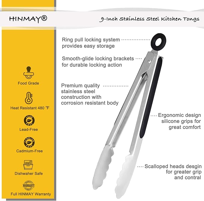 Stainless Steel Kitchen Tongs 9-Inch Cooking Tongs, Set of 3