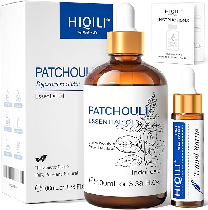 HIQILI Patchouli Essential Oil,100% Pure & Natural for Homemade Perfume, Sooth Skin, Nourish Hair at Home with Diffuser, Gift for Hippie Friend -100ML-BrightBean Baby