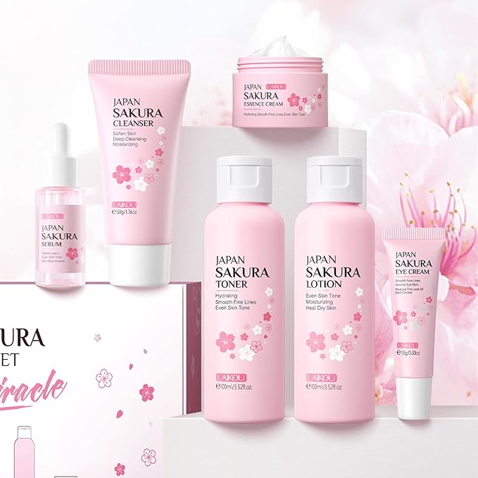 Skin Care Set JAPAN SAKURA Women Beauty Gift Sets Skin Care Kit with Cleanser, Toner, Lotion, Serum, Eye Cream, Face Cream Travel Kit for Women Teen Girls Mom Daughter TSA-friendly Sizes 6pcs-BrightBean Baby