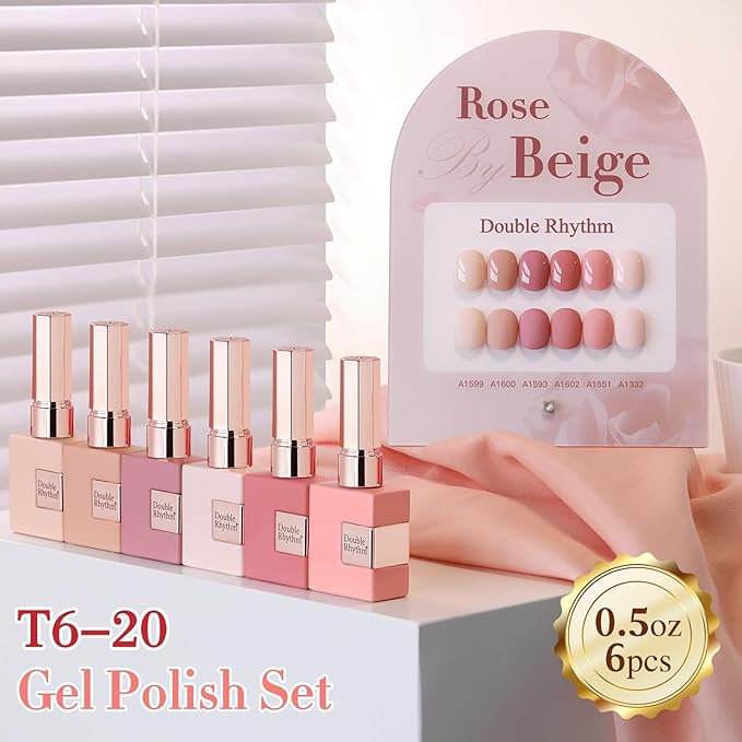 Double Rhythm 6 Pcs 15 ML Gel Polish Set Same Color Same Bottle Soak Off Gel Polish Kit Nail Art Manicure Salon DIY at Home for Women (Rose Beige Nude Cream Rose Coral-T6-20)-BrightBean Baby