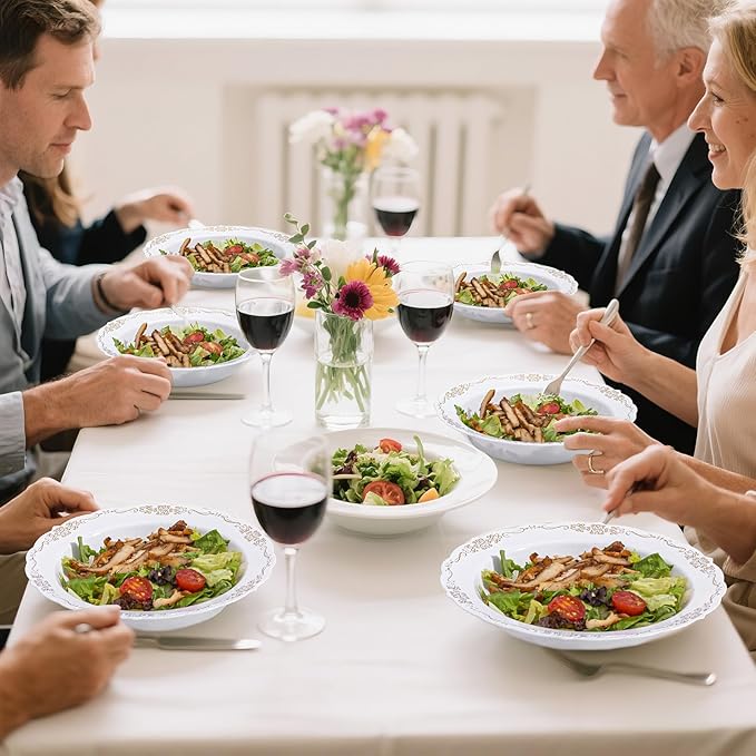 DaYammi 100 Pack Plastic Bowls with Gold Rim, 12oz Disposable Soup Bowls, Plastic bowls Disposable Heavy Duty Dinner bowls for Weddings, Parties, Catering and Everyday Use