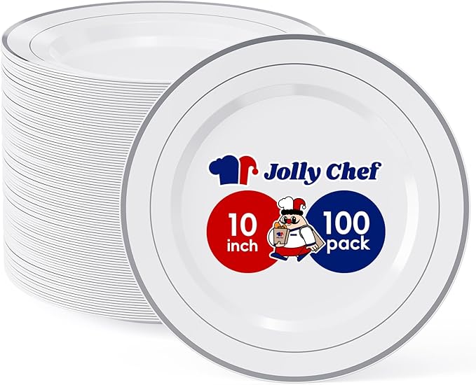 JOLLY CHEF 100 Pieces Silver Plastic Plates, 10 Inch Elegant Disposable White with Silver Rim, Plastic Plates for Thanksgiving, Birthdays and Weddings