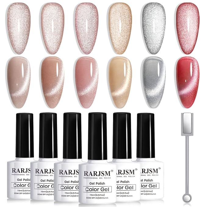 RARJSM Cat Eye Gel Nail Polish Set Silver Glitter Nude Purple Pink Red Champagne Gold Brown 6 Colors 9D Galaxy Velvet Ice Jelly Gel Polish with Magnet Stick UV LED Curing Requires Soak Off Home Salon-BrightBean Baby