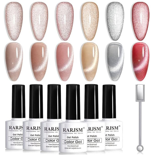 RARJSM Cat Eye Gel Nail Polish Set Silver Glitter Nude Purple Pink Red Champagne Gold Brown 6 Colors 9D Galaxy Velvet Ice Jelly Gel Polish with Magnet Stick UV LED Curing Requires Soak Off Home Salon-BrightBean Baby