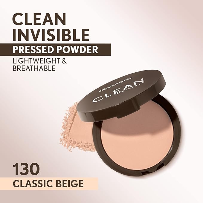 Covergirl Clean Invisible Pressed Powder, Lightweight, Breathable, Vegan Formula, 130 - Classic Beige, 0.38oz-BrightBean Baby