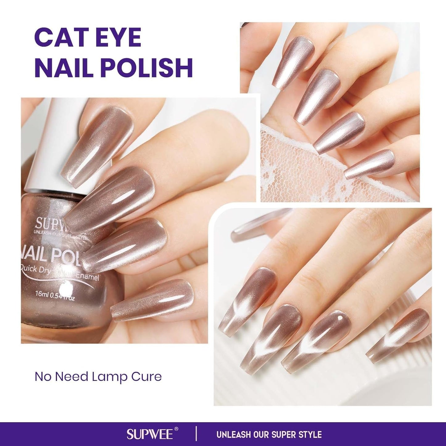 magnetic nail polish non gel, Nude Cat Eye Nail Polish Non Gel, Shimmer Glitter with Magnet, High Glossy, Fingernail Air Dry Fast, Manicure DIY, Salon Fall Colors-BrightBean Baby