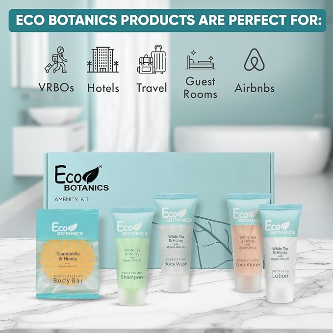 Eco Botanics Amenity Kit | Boxed Hotel Toiletries | Bulk Set 0.85 oz Travel Size Shampoo, Conditioner, Lotion, Body Wash & Body Bar Soap for Guest Hospitality AirBnB/Vacation Rentals | 1 set per case-BrightBean Baby