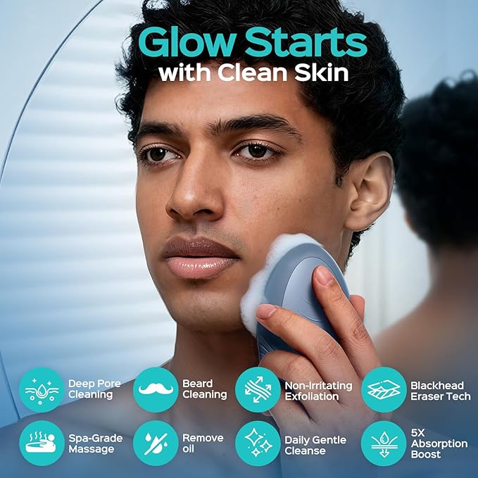 COSLUS Silicone Face Scrubber for Men: 5 Cleansing Modes Facial Cleansing Brush for Beard Care, Sensitive Skin - Deep Cleansing & Gentle Exfoliating, Waterproof Portable for Shower & Travel, Navyblue-BrightBean Baby