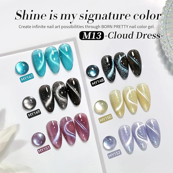 Born Pretty Cat Magnetic Eye Gel Nail Polish, 6 Colors 9D Magnetic Glitter Gel Polish Set Black Blue Purple Green Nail Polish Kit Soak Off LED Nail Art DIY Salon Gift-BrightBean Baby