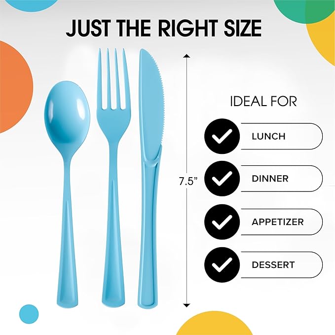 Party Solids Light Blue Plastic Silverware Heavy Duty 300 Pcs Light Blue Plastic Cutlery Sets, Utensil Sets, 100 Of Each Forks, Knives & Spoons Disposable Cutlery Set, Flatware Set For Party Supplies