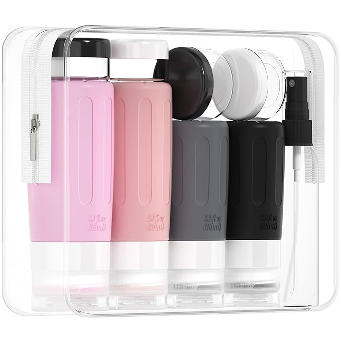 Morfone 16 Pack Silicone Travel Bottles Set for Toiletries TSA Approved Travel Containers Leakproof Squeezable Refillable Accessories 2oz 3oz for Shampoo Conditioner Lotion Liquids (Black Pink)-BrightBean Baby