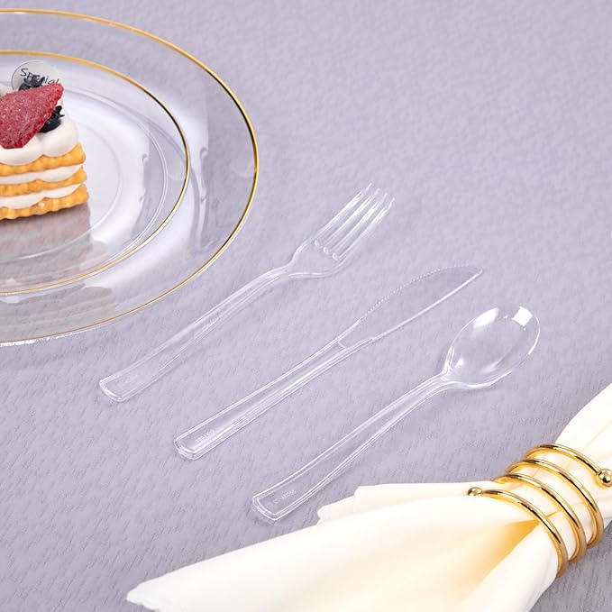 EI 360pcs Clear Plastic Silverware,Plastic Forks and Spoons,Plastic Silverware Heavy Duty,Clear Silverware Disposable include 120pcs Forks,120pcs Spoons and 120pcs Knives for Party,Picnic