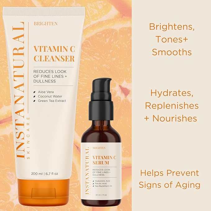 InstaNatural Vitamin C Cleanser and Serum Kit, Brightens and Reduces Signs of Aging, Fine Lines and Wrinkles, with Botanical Extracts-BrightBean Baby