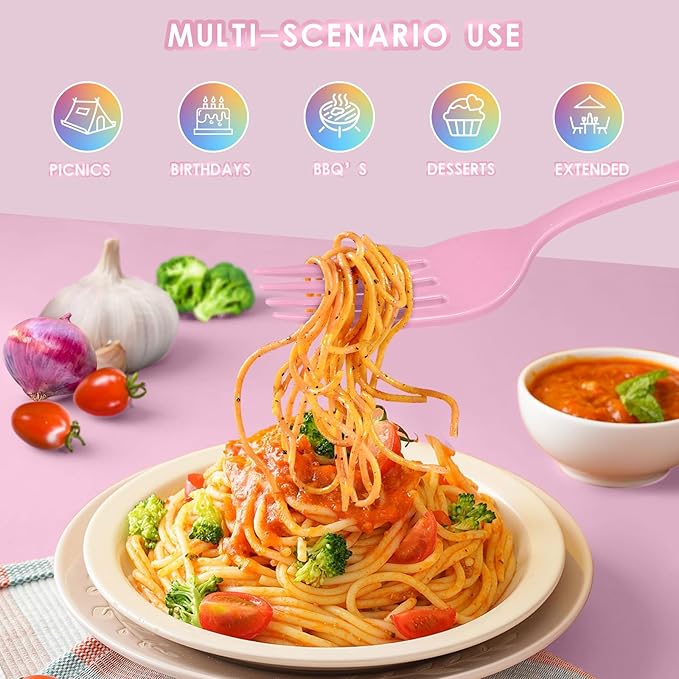 300 Pack Pink Disposable Plastic Silverware Heavy Duty, Plastic Cutlery Set,Forks and Spoons Knives Set for Birthday Party Prom Night, Weddings