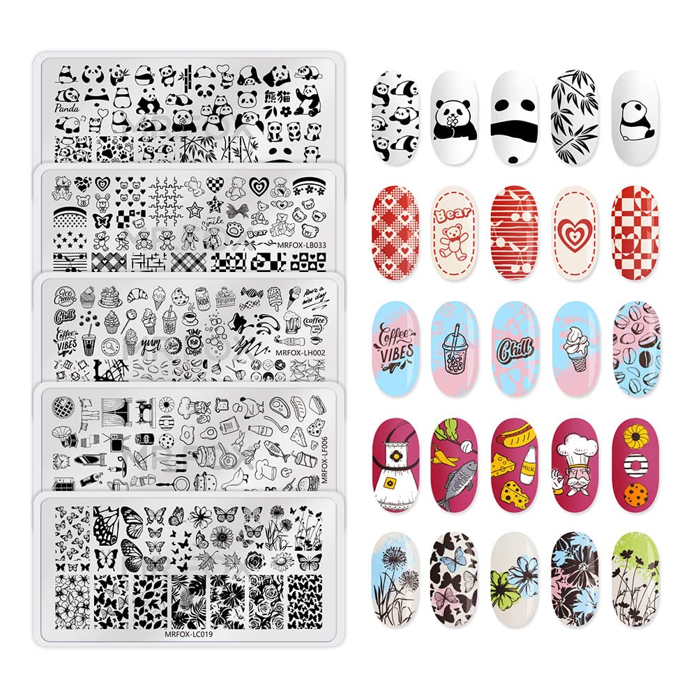 5PCS Nail Stamping Plates, Panda Teddy Bear Butterfly Coffee Pattern Stainless Steel Stencil, DIY Nail Art Template Tools-BrightBean Baby