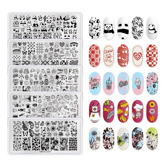 5PCS Nail Stamping Plates, Panda Teddy Bear Butterfly Coffee Pattern Stainless Steel Stencil, DIY Nail Art Template Tools-BrightBean Baby