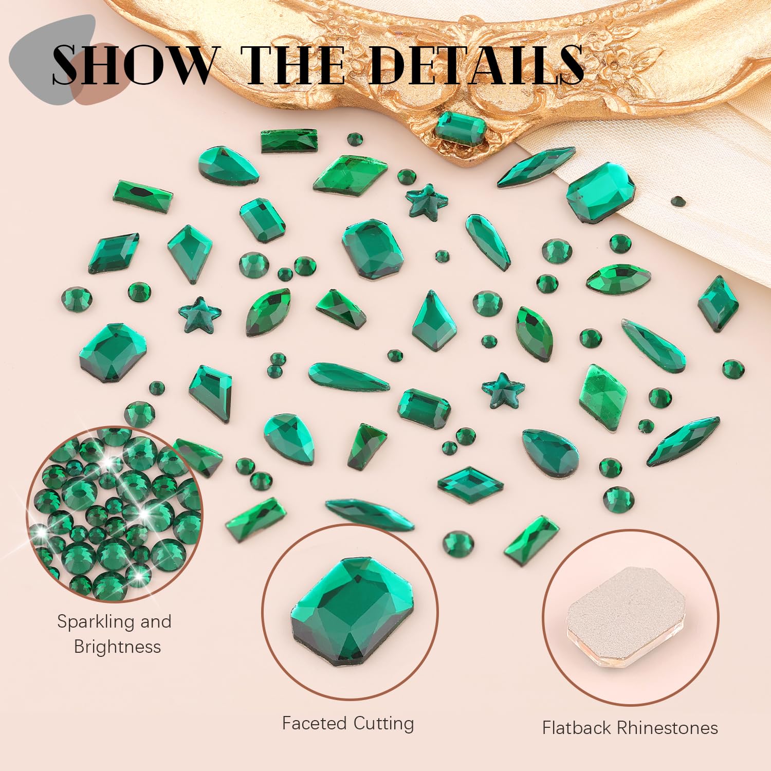 3220Pcs Emerald Green Glass Nail Rhinestones 120Pcs Multi Shapes Flatback Nail Gems +3100Pcs 1.5-4mm Round Crystal with Rhinestones Glue Gel, Manicure Nail Charms Diamond Gemstones for Nail Art-BrightBean Baby