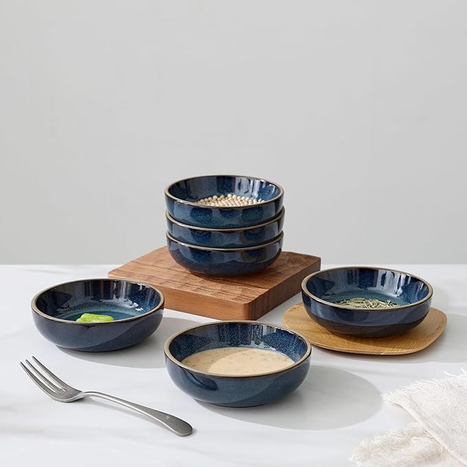 famiware Nature Ceramic Soy Sauce Dish, Dipping Bowls Set of 6, 3 oz Dipping Sauce Bowls/Dishes/Cups/Plates, Small Serving Bowls for Side Dishes, Condiments, Sushi, Appetizer, Dessert, Midnight Blue
