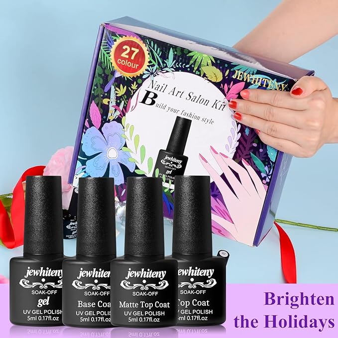 JEWHITENY 30PCS Nail Polish Kit 27 Colors Green Blue Pink Orange Gitter Sock Off Gel Polish with Matte& Glossy Top Base Coat for DIY Nail Art Manucure at Home Salon-BrightBean Baby