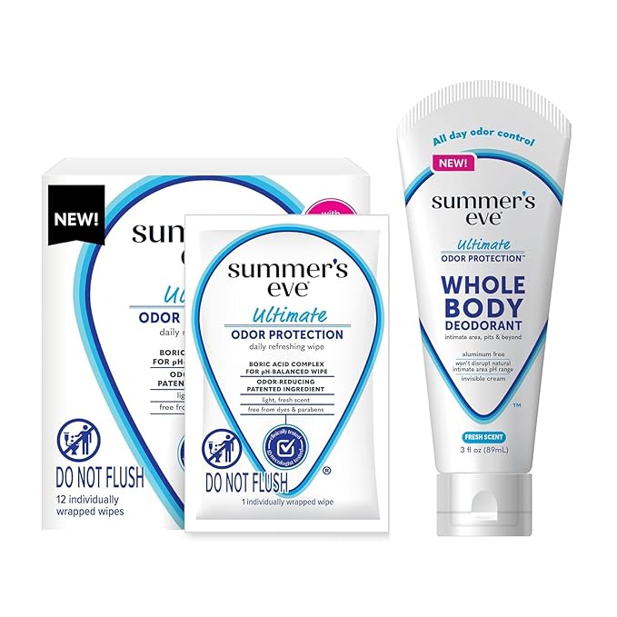 Summer's Eve, Whole Body Deodorant for Women, Ultimate Odor Control, Aluminum Free Deodorant, 3 Fl Oz + Daily Feminine Wipes with Boric Acid, Removes Odor, On-the-go Body Wipes with pH Balance, 12 ct-BrightBean Baby
