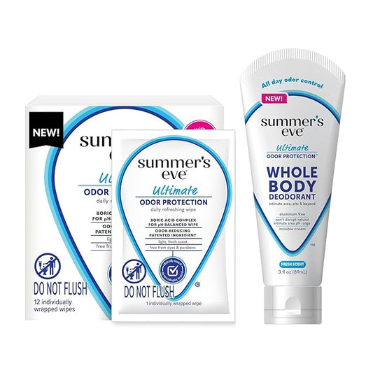 Summer's Eve, Whole Body Deodorant for Women, Ultimate Odor Control, Aluminum Free Deodorant, 3 Fl Oz + Daily Feminine Wipes with Boric Acid, Removes Odor, On-the-go Body Wipes with pH Balance, 12 ct-BrightBean Baby