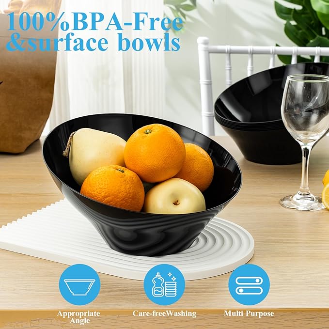 BESTVIP 54oz Black Plastic Serving Bowls for Party - 12 Pack Angled Disposable Serving Bowls, Party Bowls for Chips, Snacks, Fruit, Salad - Catering Bowls for Daily Use, Parties,Halloween, Christmas