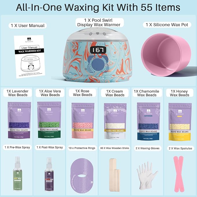 BLITZWAX Brazilian and Bikini Waxing Kit for Women, Hard Wax Warmer for Face, Legs and Body, At Home Hair Removal Kit, Beginner Friendly, Effective on Coarse Hair, Pool Swirl Design-BrightBean Baby