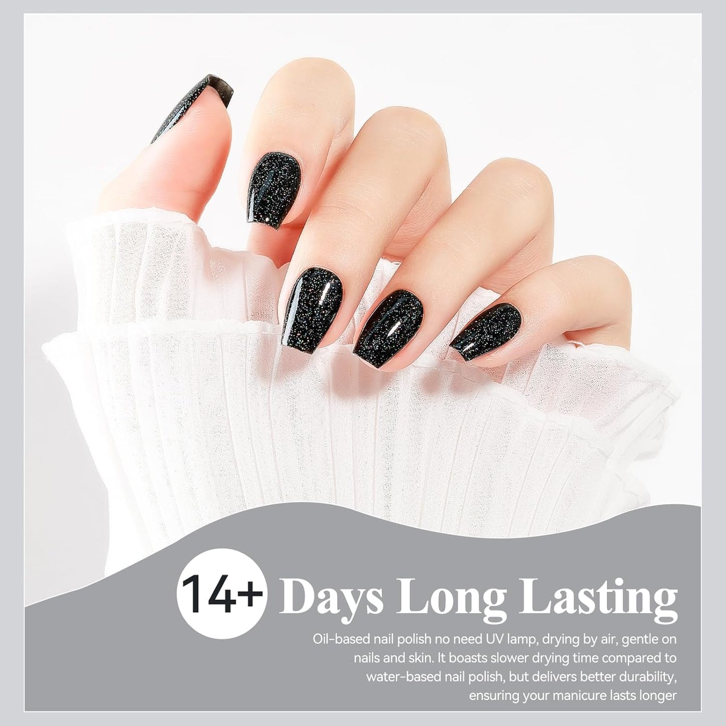 Nail Polish Quick Dry, Black Glitter Nail Lacquer Air Fast Drying, Sparkle Mooncat Nail Pigment Oil-based High Coverage Holographic Fingernail Concealer Polish, 1PC 12ML Long Wear-BrightBean Baby