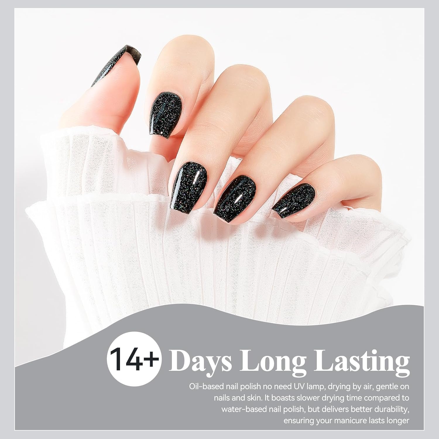 Nail Polish Quick Dry, Black Glitter Nail Lacquer Air Fast Drying, Sparkle Mooncat Nail Pigment Oil-based High Coverage Holographic Fingernail Concealer Polish, 1PC 12ML Long Wear-BrightBean Baby