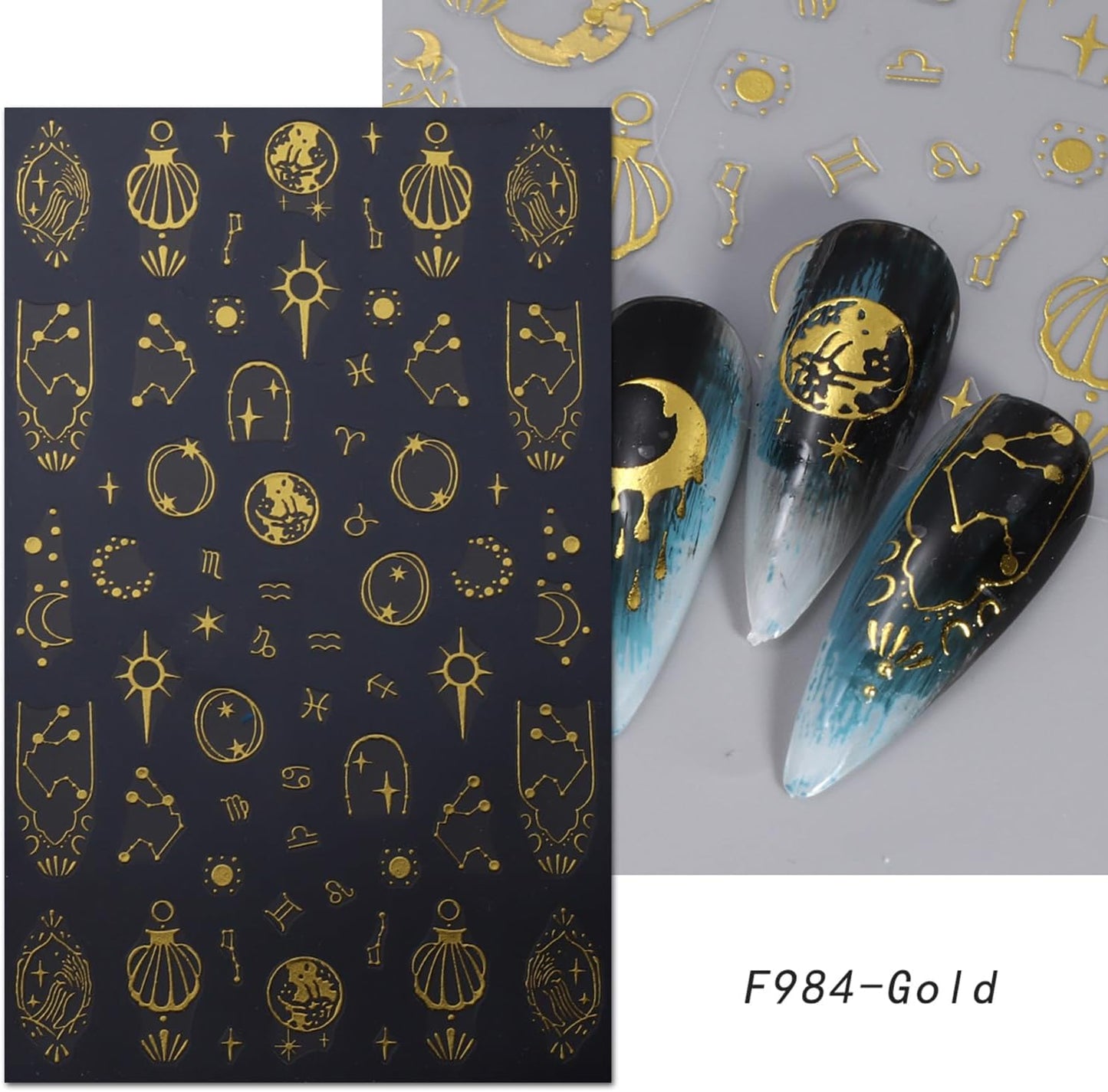 5 Sheets Metallic Gold Nail Art Stickers 3D Self-Adhesive Nails Stickers Bohemian Sun Moon Hexagram 3D Decal Supplies Women DIY Gold Metal Nail Art Decoration-BrightBean Baby