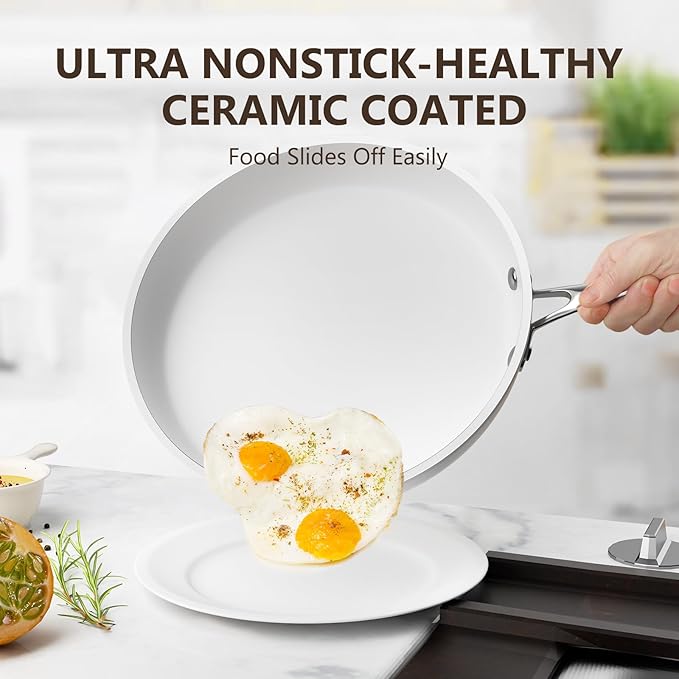 COOKSMARK Nonstick Ceramic Cookware Set, Induction & Dishwasher Safe Scratch-Resistant Pots and Pans Set with Glass Lids 10 Pieces, White