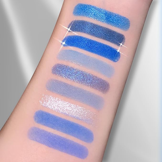 Erinde 9 Colors Dark Light Royal Cobalt Blue Pearl White Glitter Shimmer Eye Shadow Makeup Palette Highly Pigmented Waterproof Matte Glitter Shimmer Daily Party Sparkling Eyeshadow Palett for Girl-BrightBean Baby