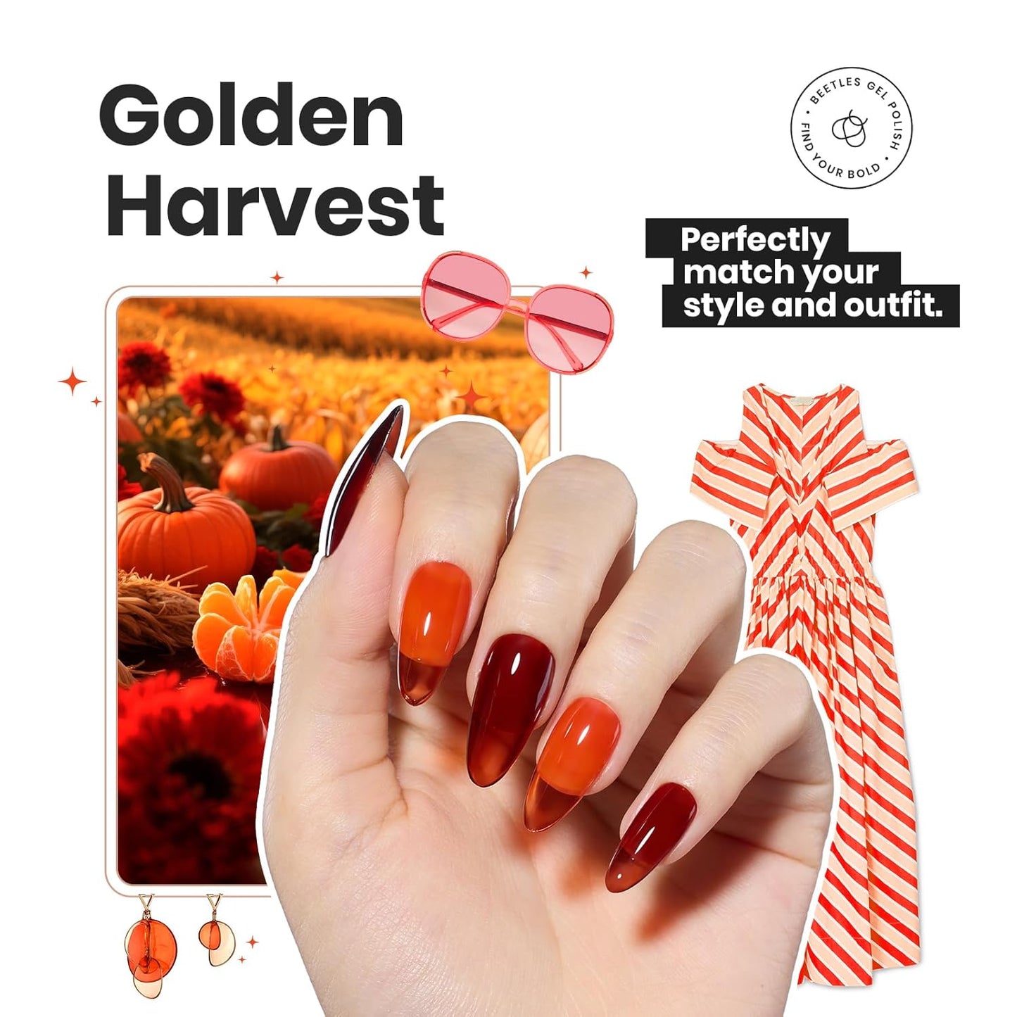 Beetles Fall Nail Polish Set - Golden Harvest 6 Colors Quick Drying Long-Lasting Burgundy Red Orange Jelly Glitter Nail Polish for DIY At-Home Manicure Gift for Women-BrightBean Baby