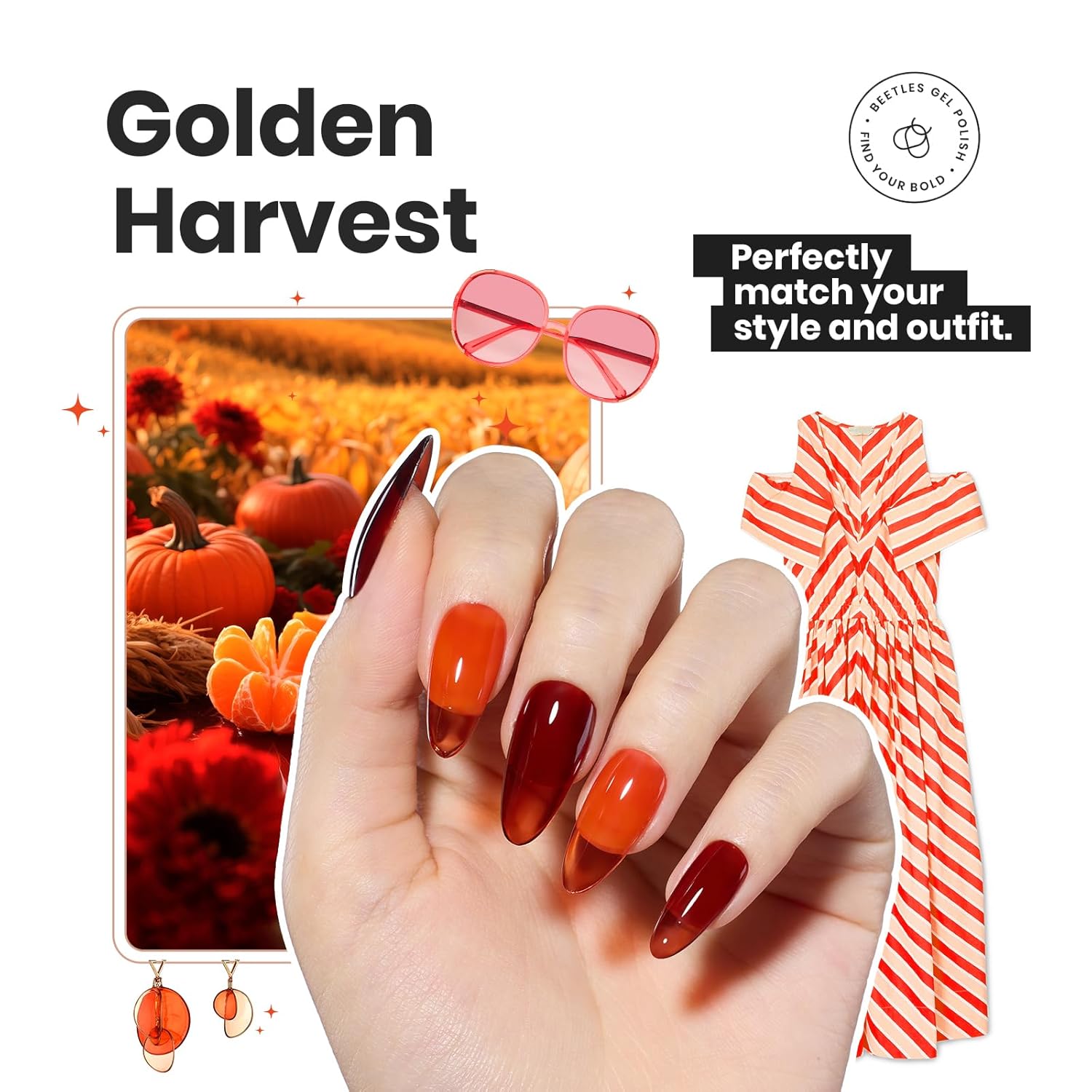 Beetles Fall Nail Polish Set - Golden Harvest 6 Colors Quick Drying Long-Lasting Burgundy Red Orange Jelly Glitter Nail Polish for DIY At-Home Manicure Gift for Women-BrightBean Baby