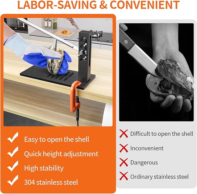Stainless Steel Oyster Clam Opener Machine,Oyster Shucker Tool,Adjustable Oyster Opener Tool,Including Knives, Gloves and G-Clip,Suitable for Seafood Tools for Hotel, Family and Buffet
