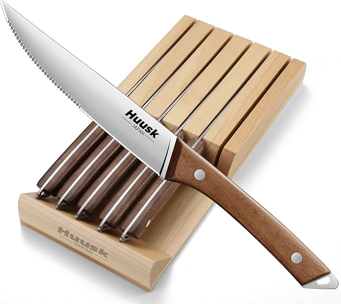 Huusk Steak Knives Set of 6 with Drawer Organizer-4.5 in Japanese Serrated Steak Knife Set with Block, Serrated & Straight Dual-Edge, Stainless Steel Steaks Knives with Holder, Gift Box for Men Wowen