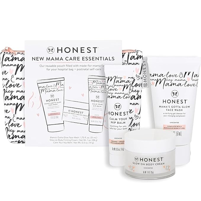 The Honest Company New Mama Care Essentials Gift Set | Hospital Bag Must Haves | Travel Size Nip Balm (0.5 oz), Glow On Body Cream (1 oz), Gotta Glow Face Wash (1.75 fl oz), Reusable Pouch-BrightBean Baby