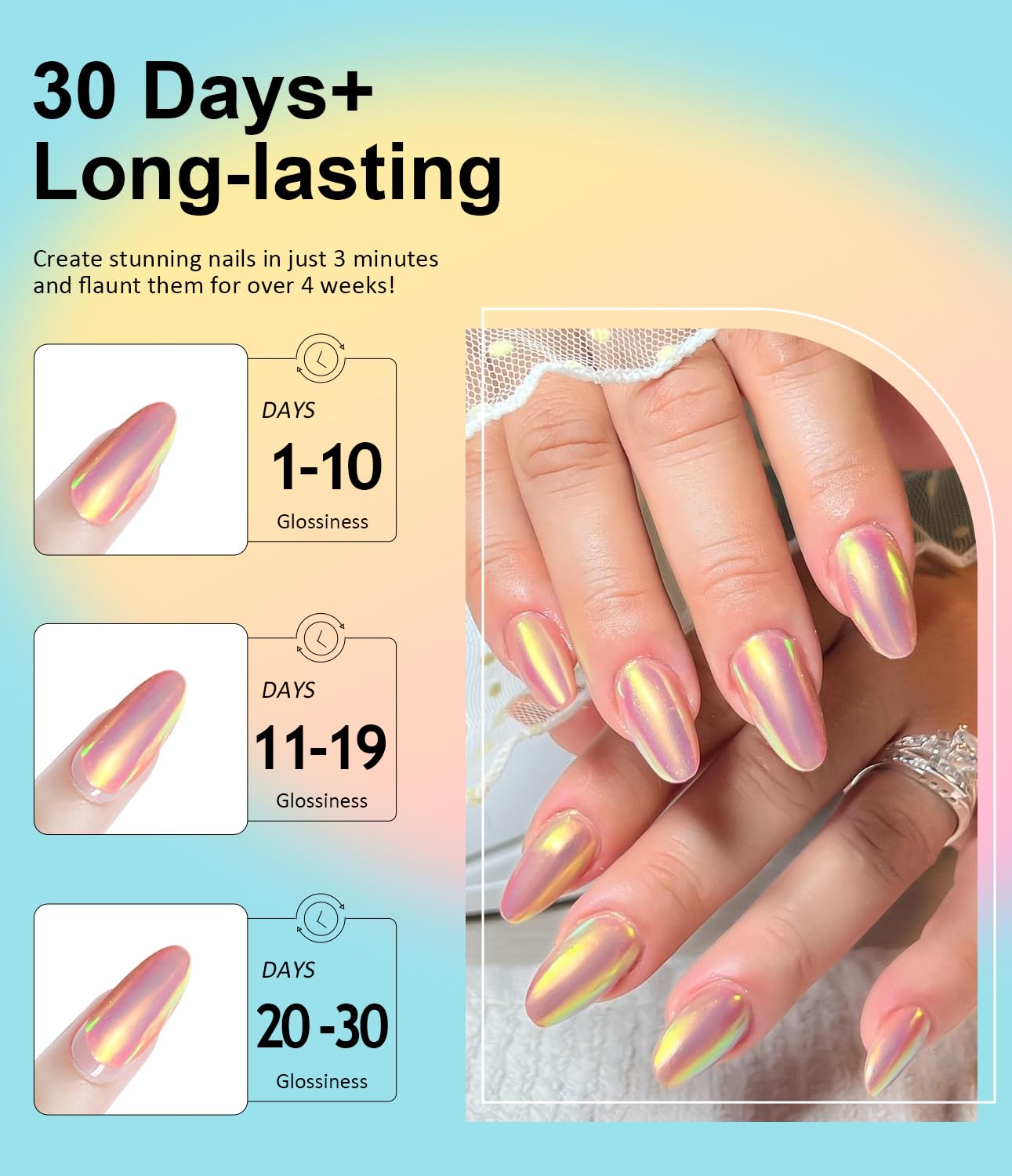 Gold Chrome Nail Powder BISHENGYF -【Metallic Mirror Effect】Pearl Chrome Nail Powder White Aurora Mermaid Iridescent Silver Nail Chrome Powder Metallic Mirror Glitter Pigment Dust For Nail Art DIY-BrightBean Baby