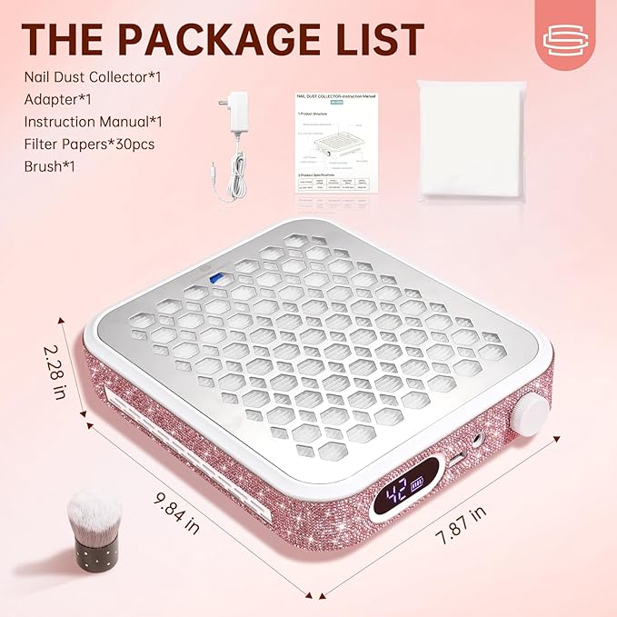 Nail Dust Collector, Rechargeable Dust Collector Nail Tech, Powerful Vacuum Fan Vent Dust Collector Extractor Dust Suction Machine for Acrylic Nails Polishing, Nail Salon&Home, Pink-BrightBean Baby