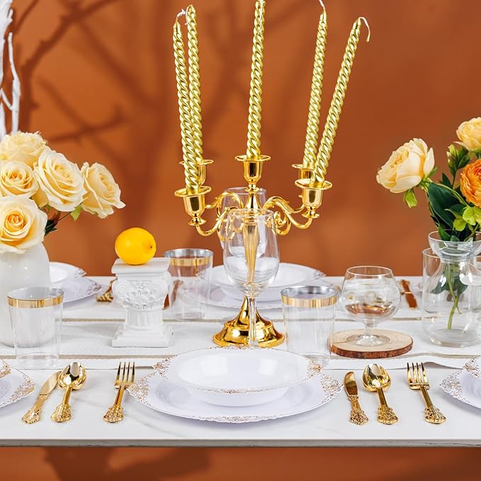 Nervure 50 Pack White Plastic Bowls with Gold Rim - 12oz Disposable Soup Bowls - Heavy Duty Dessert Bowl, Salad Bowl Perfect for Weddings, Parties, Thanksgiving and Everyday Use